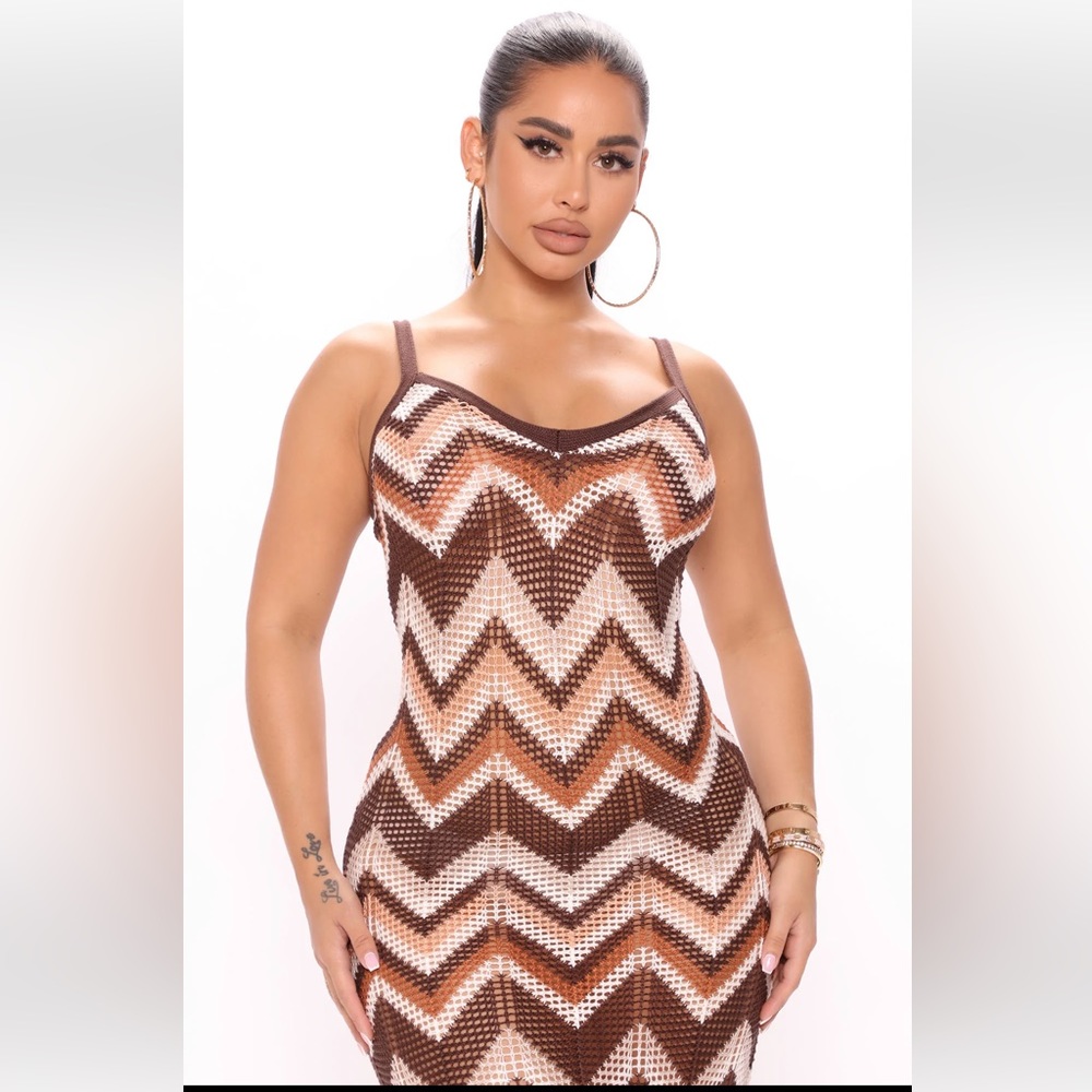 NWT Almost Famous Chevron Pointelle Fringe Boho Indie Retro Dress, L - Picture 3 of 9